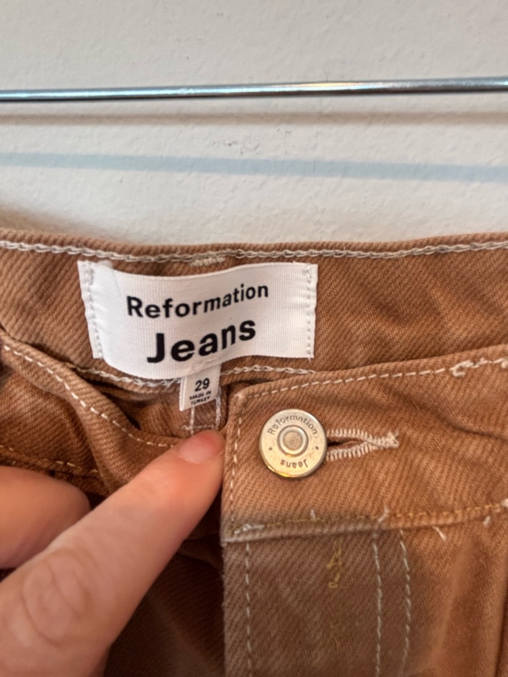 Reformation Tan Cargo Pants with Red Side Panels 107 - Picture 3 of 7
